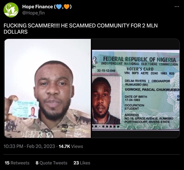 失去“希望”的团队：贴出了骗子照片和身份证Hope骗局损失180万美元2