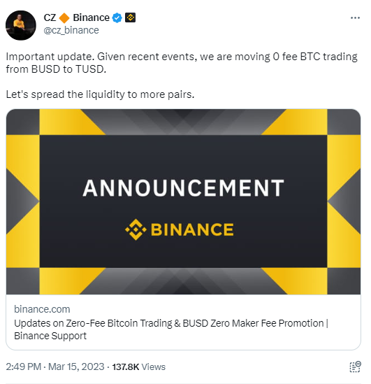 赵长鹏：币安将零费用BTC交易从BUSD转移到TUSD1