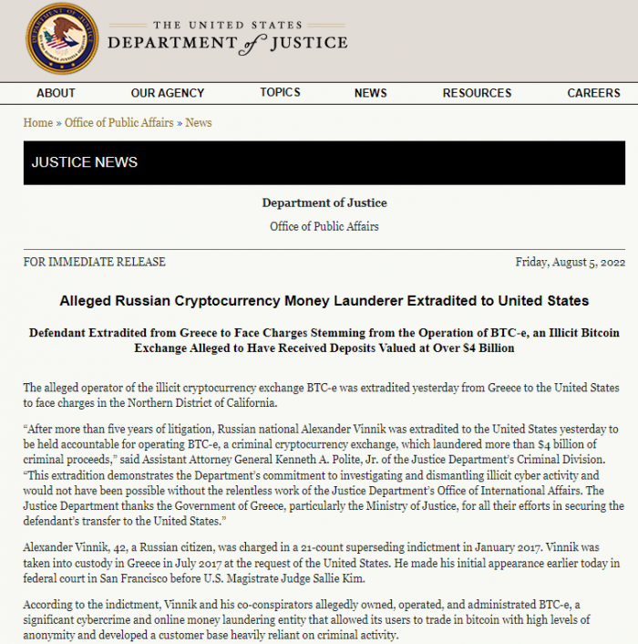 被指控洗钱和经营40亿美元比特币交易所的俄罗斯人Vinnik被引渡到美国-第1张图片-欧易下载
